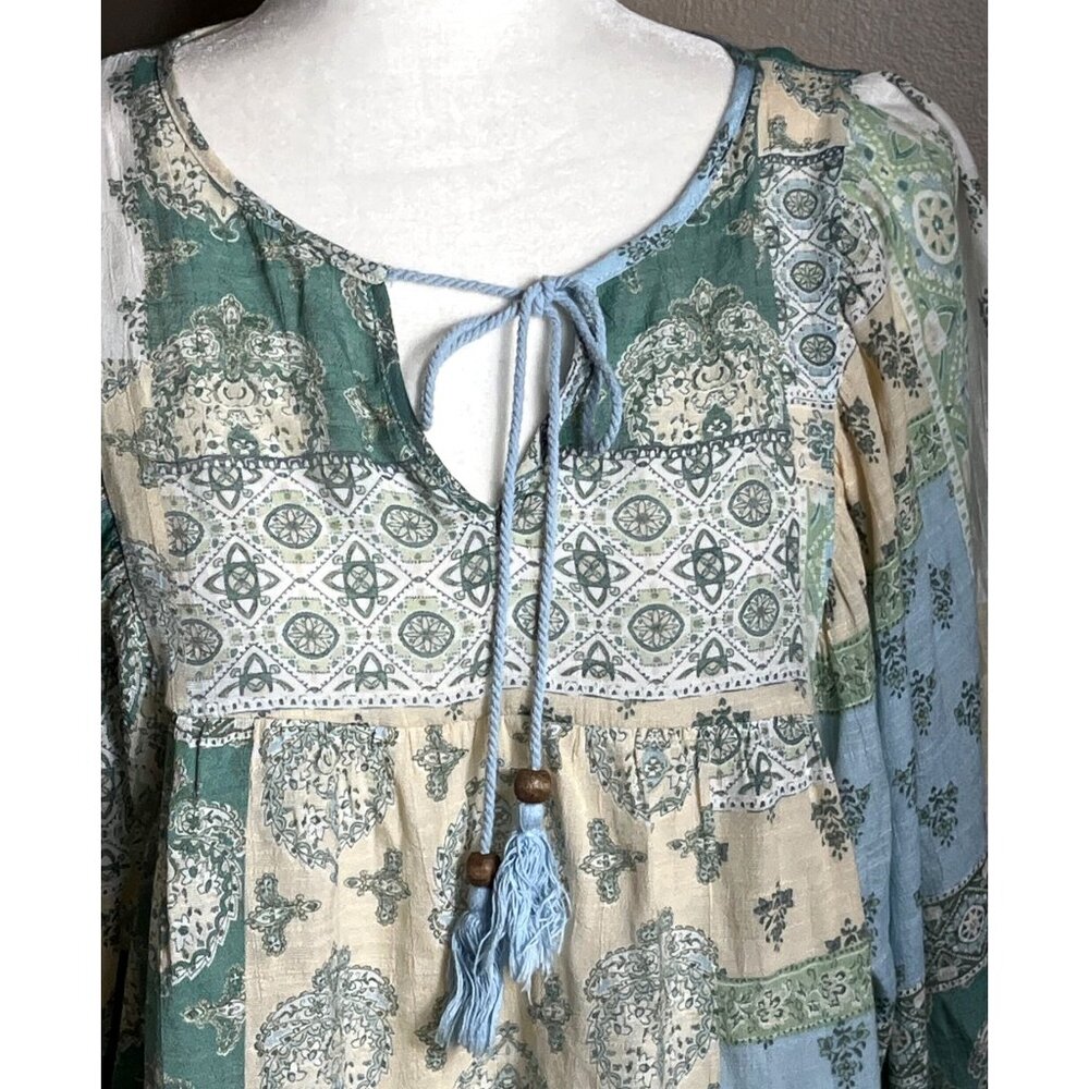 Patchwork Boho Top Aqua Gauze Balloon Sleeves Ethereal Cottage Fairy Coastal S - Picture 5 of 9